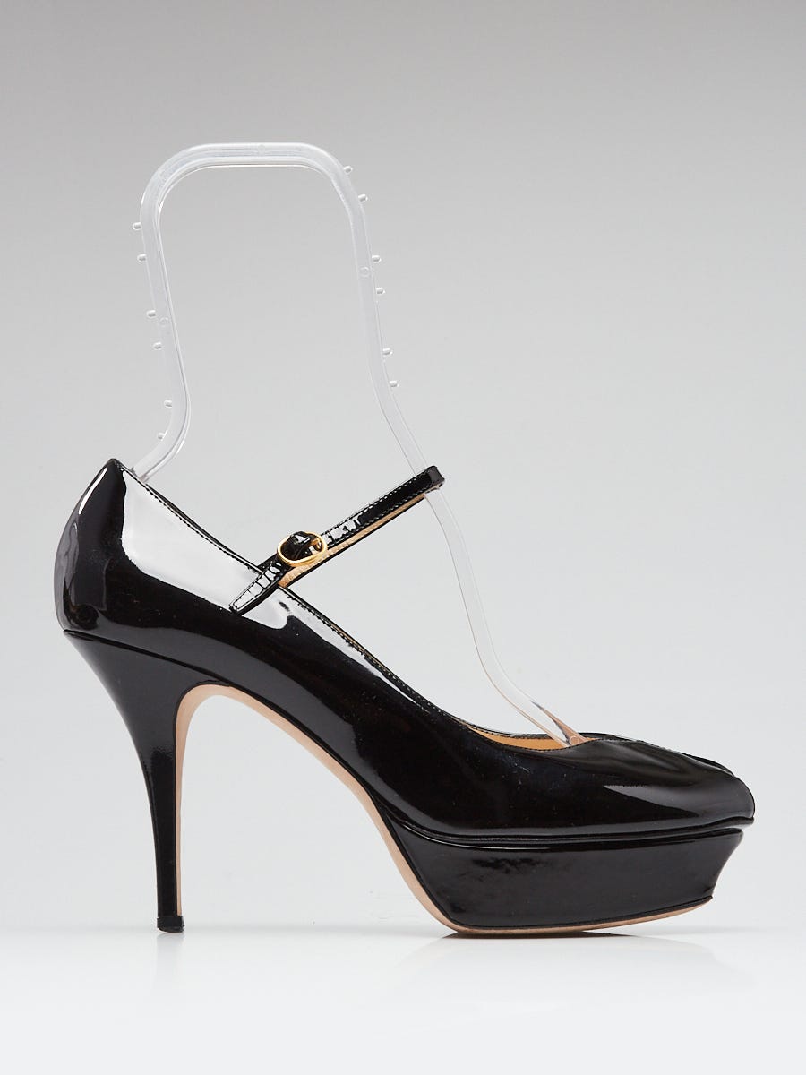 Yves Saint Laurent Black Patent Leather Open Toe Tribute Too Heels 