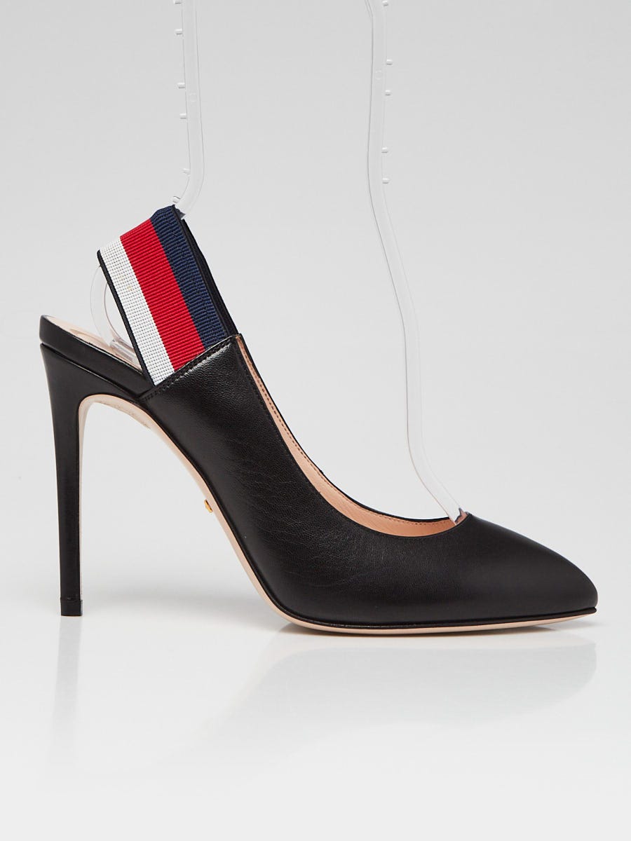 GUCCI Sylvie Web Slingback ブラック レザーパンプス関税送料込 Gucci Women's Sylvie Web Leather Slingback Heels Pumps in