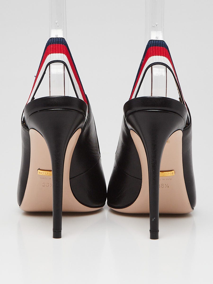 GUCCI Sylvie Web Slingback ブラック レザーパンプス関税送料込 Gucci Black Leather Vintage Web Sylvie Slingback Pumps Size