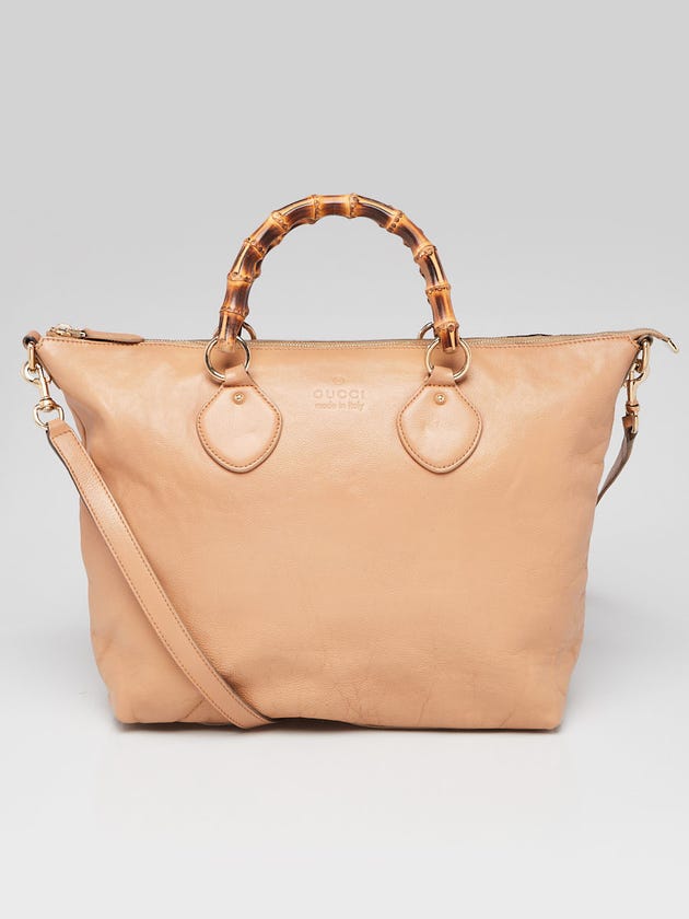 Gucci Beige Pebbled Leather Bamboo Top Handle Zip Tote Bag