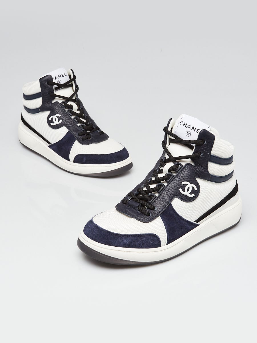 Chanel White/Blue Suede and Leather CC Sneakers Size 6.5/37