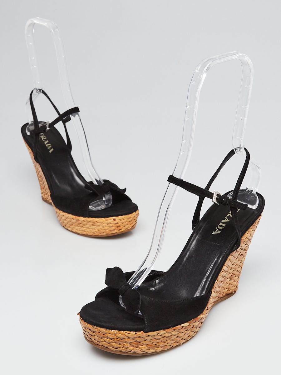 Prada Black Suede Bow Woven Wedge Sandals Size 9/39.5