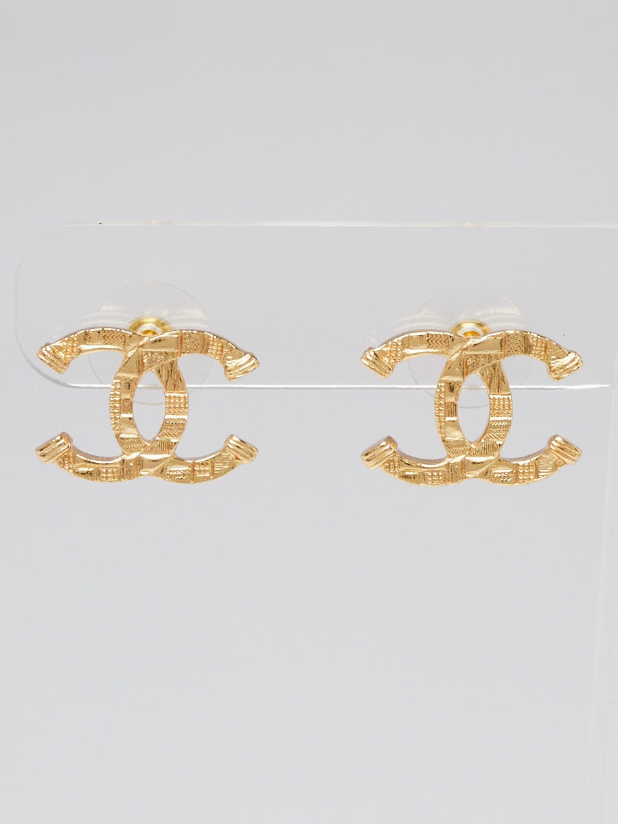 Chanel Goldtone Metal Tweed Imprint CC Stud Earrings