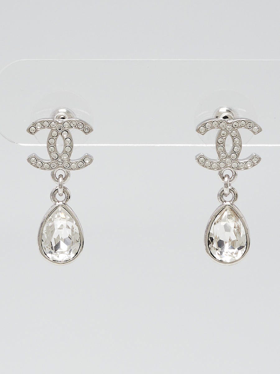 Chanel Silver Metal and Crystal Tear Drop CC Earrings | Yoogi's Closet