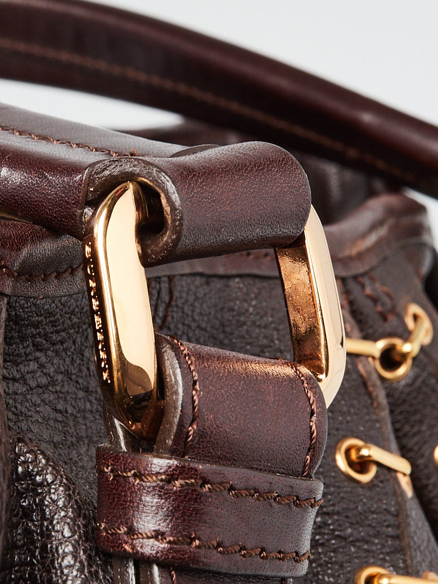 Burberry Dark Brown Pebbled Leather Metal Stitch Large Lowry Tote