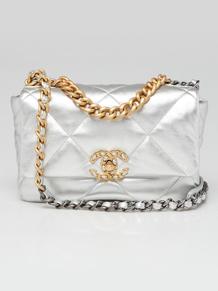 Chanel Metallic Silver Quilted Lambskin Chanel 19 Bag - Yoogi's Closet