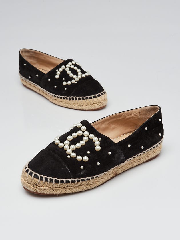 Chanel Black Suede and Faux Pearl CC Espadrille Flats Size 4.5/35