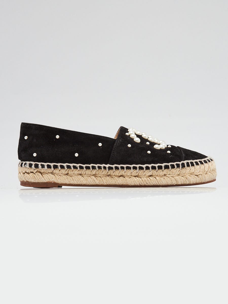 Chanel Black Suede and Faux Pearl CC Espadrille Flats Size 4.5/35