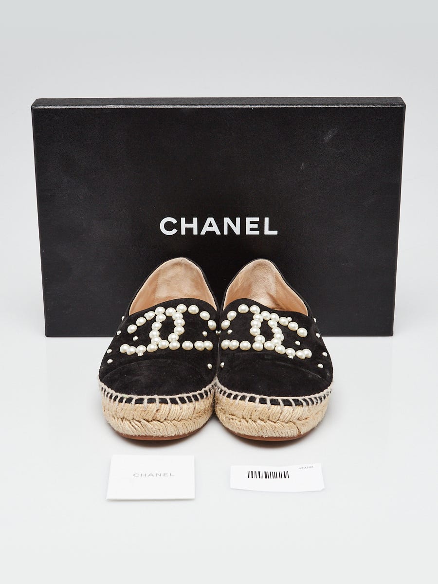 Chanel Black Suede and Faux Pearl CC Espadrille Flats Size 4.5/35