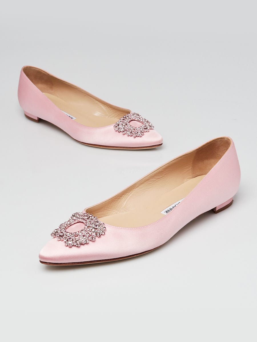 Manolo Blahnik Pink Satin and Crystal Hangisi Ballet Flats Size