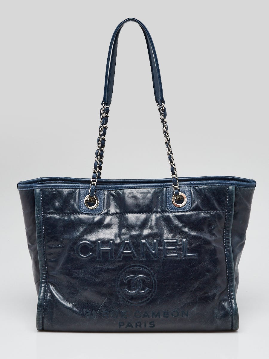 Chanel Navy Blue Glazed Leather Deauville Small Shopping Tote Bag - Yoogi's  Closet