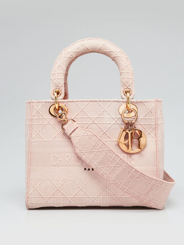 Christian Dior Light Pink Cannage Embroidery Canvas Medium Lady D-Lite Bag