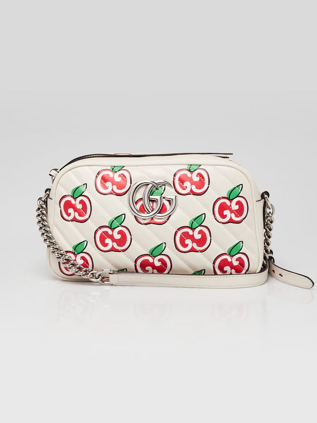 Gucci White Quilted Leather Apple Print Marmont Small Camera Bag