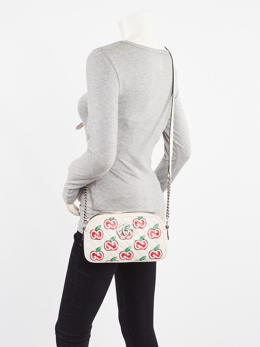 Gucci White Quilted Leather Apple Print Marmont Small Camera Bag
