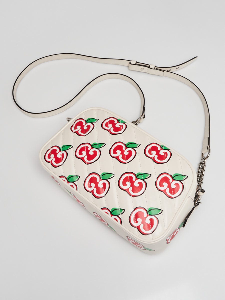 Gucci White Quilted Leather Apple Print Marmont Small Camera Bag