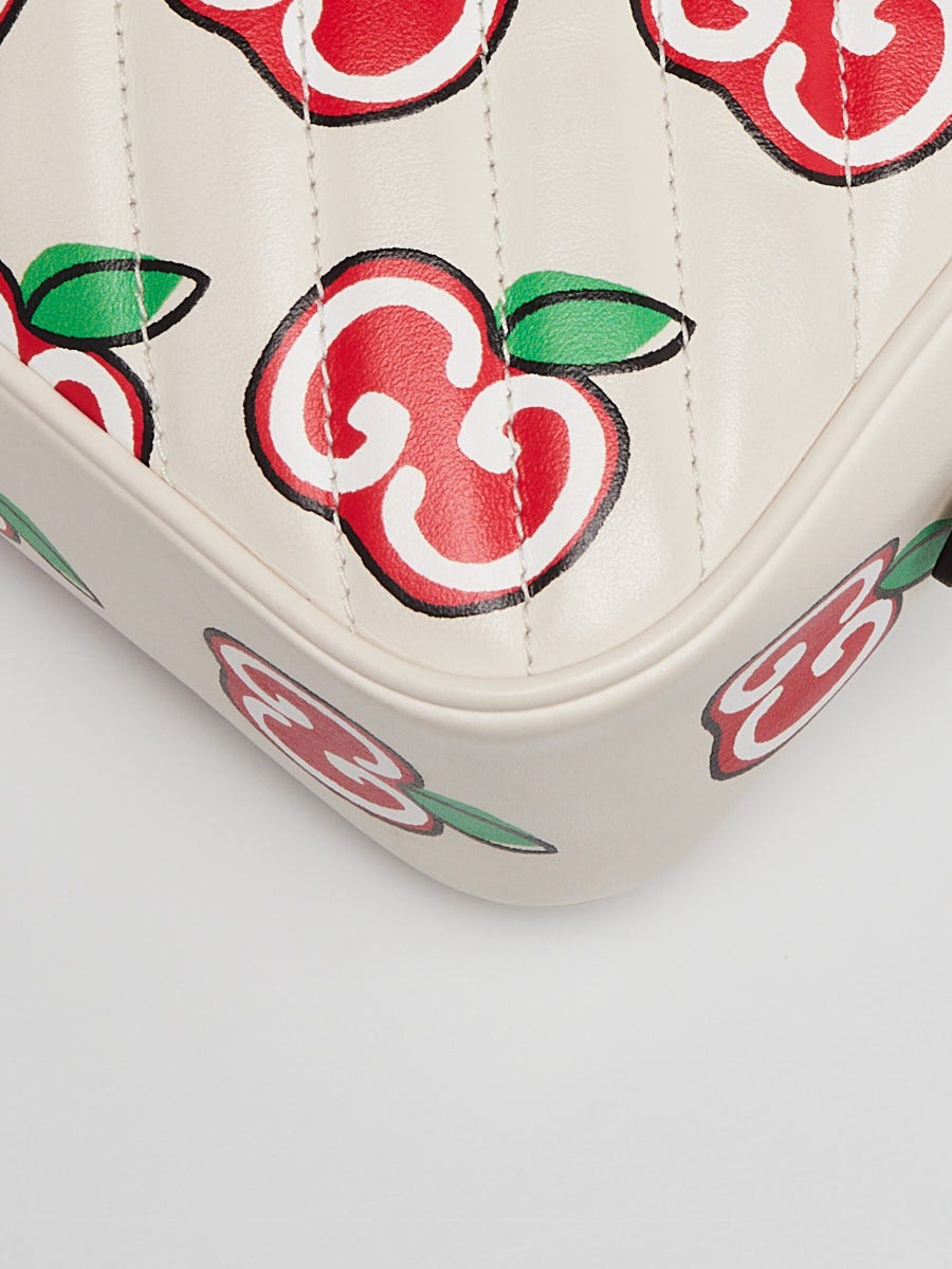 Gucci White Quilted Leather Apple Print Marmont Small Camera Bag
