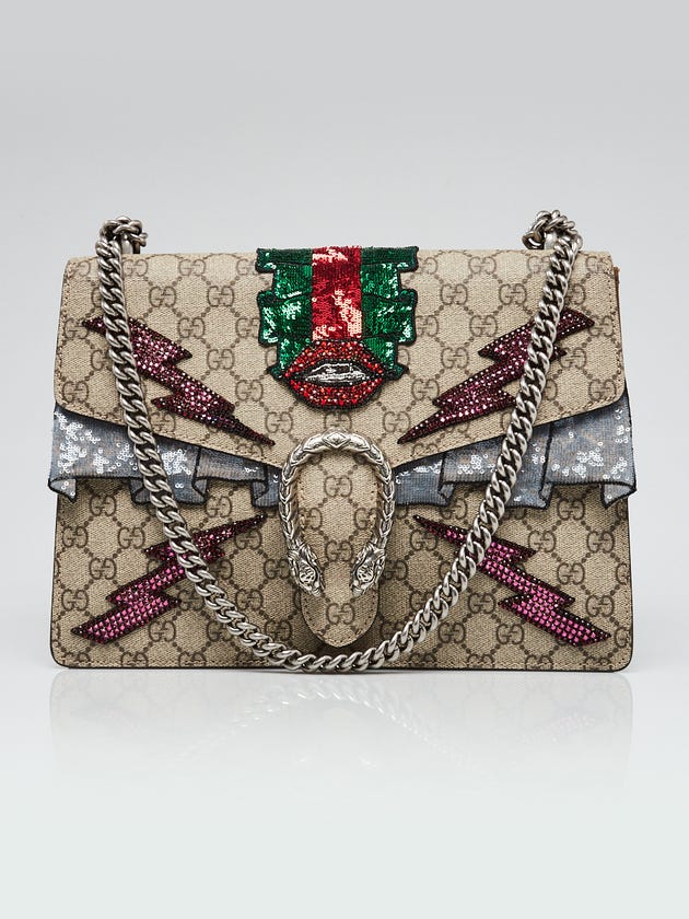 Gucci Beige GG Supreme Canvas Embroidered Sequin Medium Dionysus Shoulder Bag