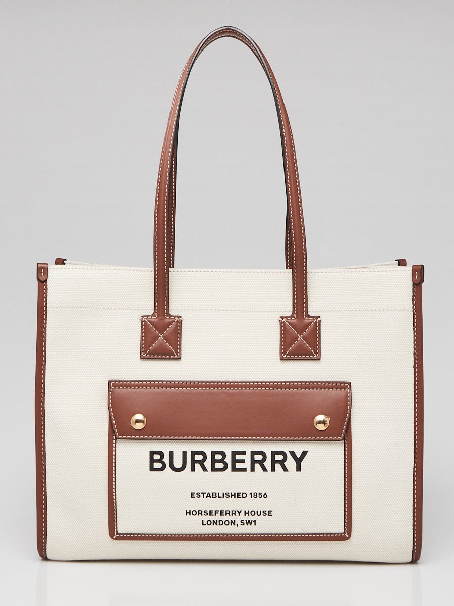 Burberry White Brown Canvas Leather Medium Freya Tote Bag