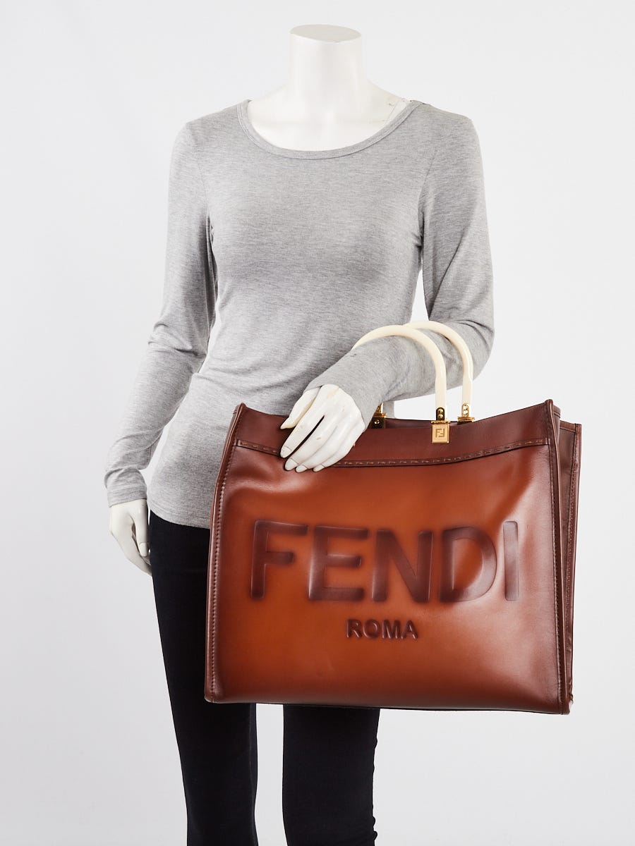 Fendi Brown Leather Sunshine Large Shopper Tote Bag - 8BH372