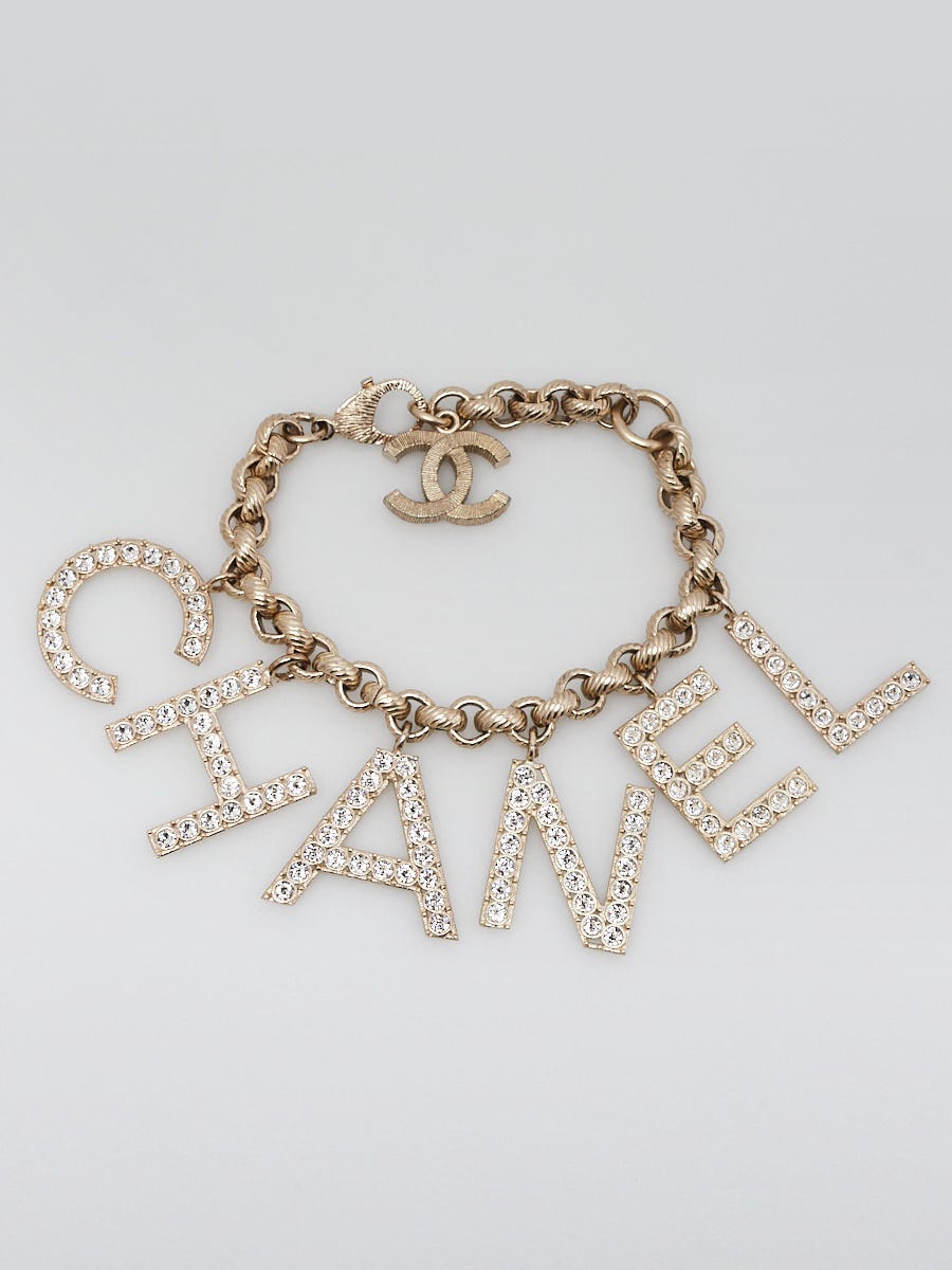 Chanel Goldtone Metal and Crystal Logo Charm Bracelet