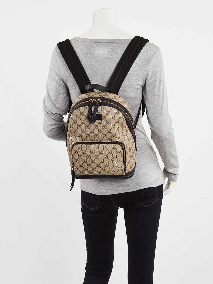 Gucci Beige Ebony Coated Canvas Supreme Bee Small Backpack Bag