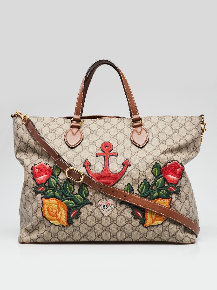 Gucci Beige GG Coated Canvas Supreme Embroidered Floral Tote Bag 