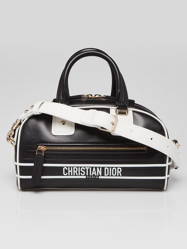 Christian Dior Black/White Leather Small Vibe Zip Bowling Bag