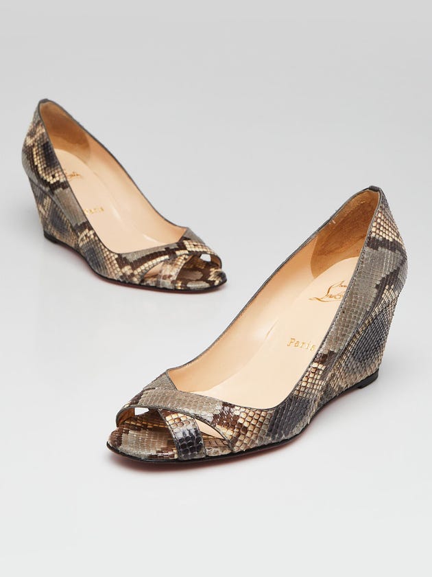 Christian Louboutin Grey Python Riveto 70 Peep Toe Wedges Size 6.5/37