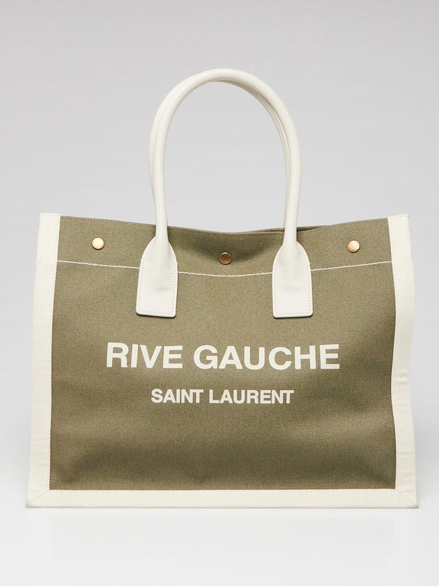 Yves Saint Laurent Green Linen And Leather Rive Gauche Tote Bag