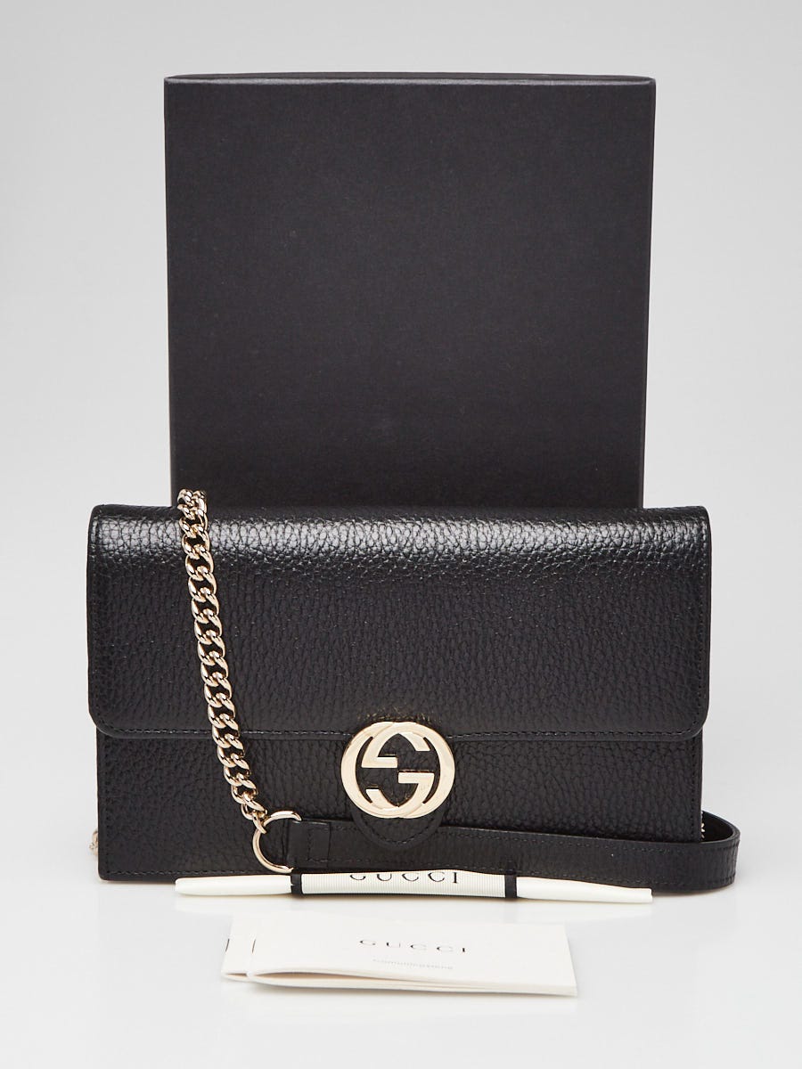 Gucci Black Pebbled Leather Interlocking G Wallet on Chain