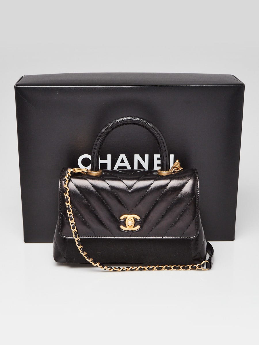 Chanel Black Chevron Quilted Glazed Calfskin Leather and Lizard