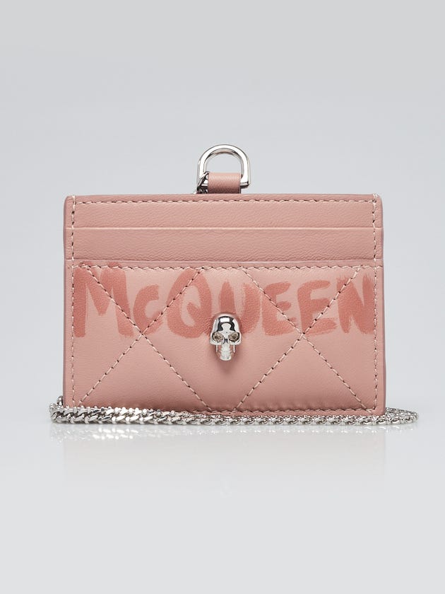 Alexander McQueen Pink Quilted Leather Graffiti Skull Card Holder On Chain