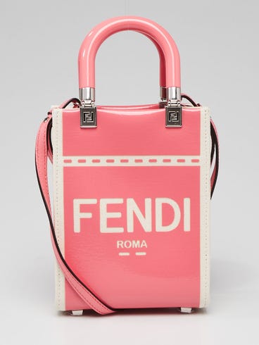 Fendi Beige/Pink Patent Leather and Canvas Sunshine Mini Crossbody Tote Bag - 8BS051