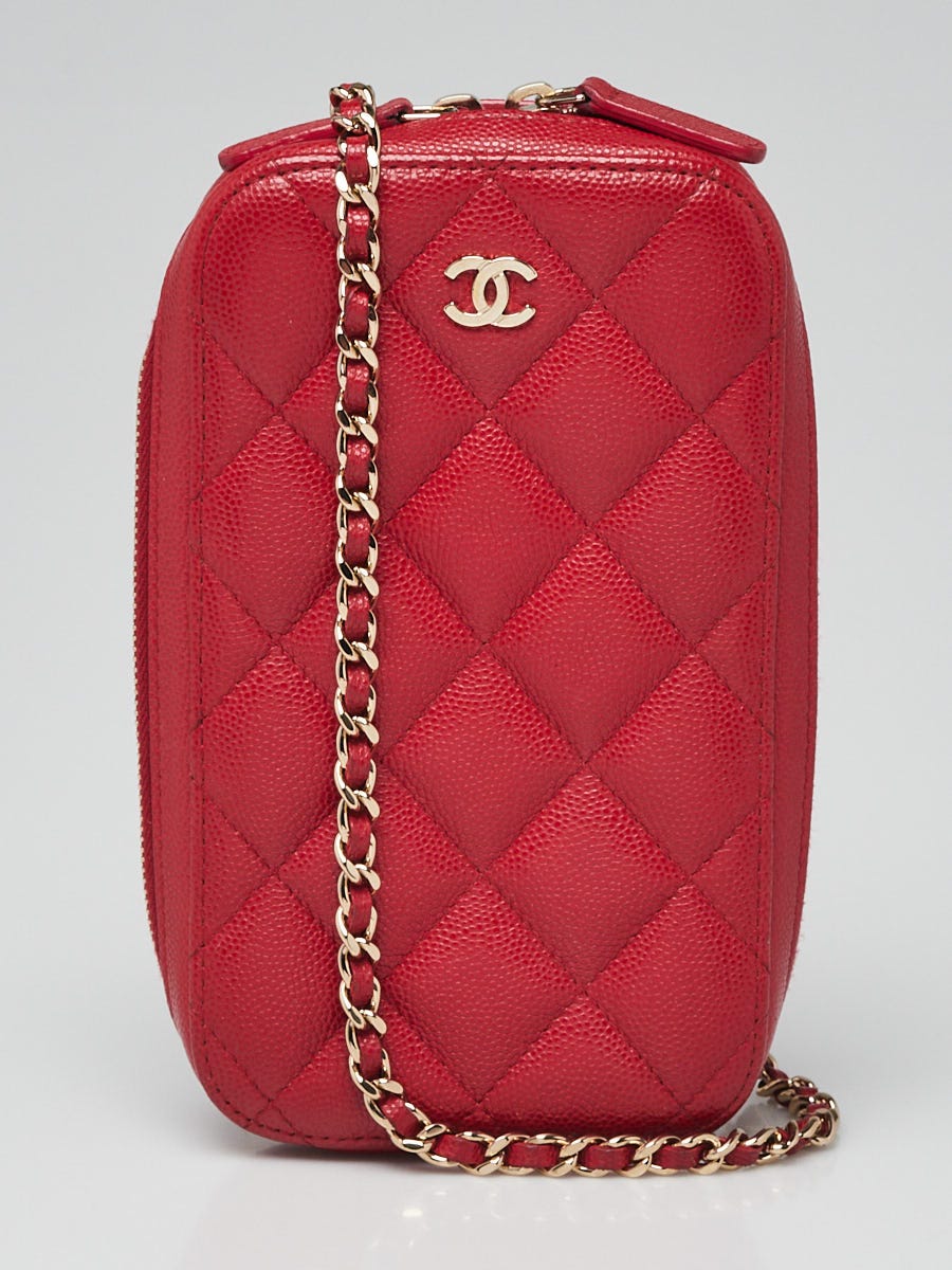 Chanel Red Quilted Caviar Leather Zip Around Phone Holder With