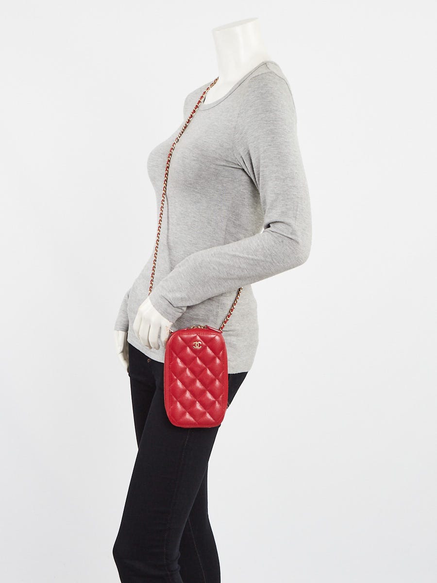 Chanel Red Quilted Caviar Leather Zip Around Phone Holder