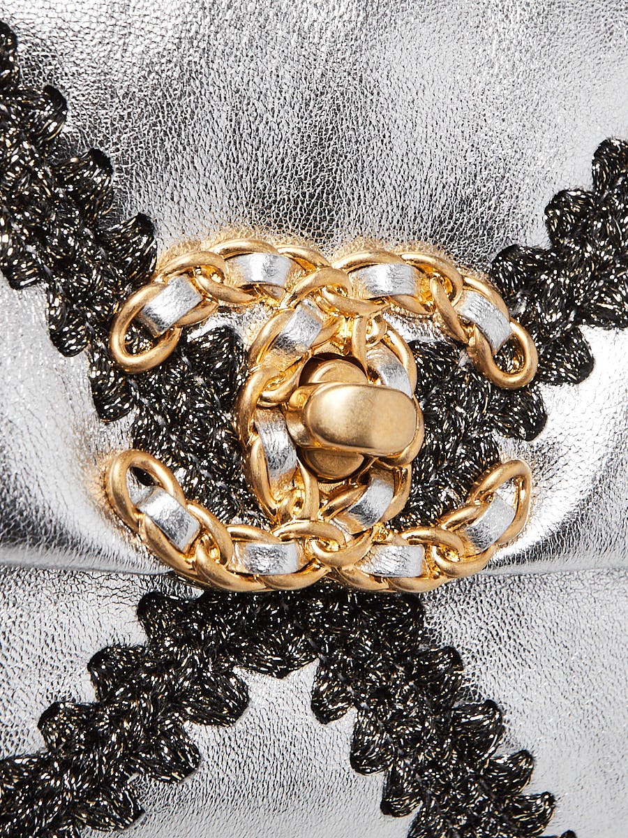 Chanel Silver Calfskin Leather and Crochet Tweed Chanel 19 Bag