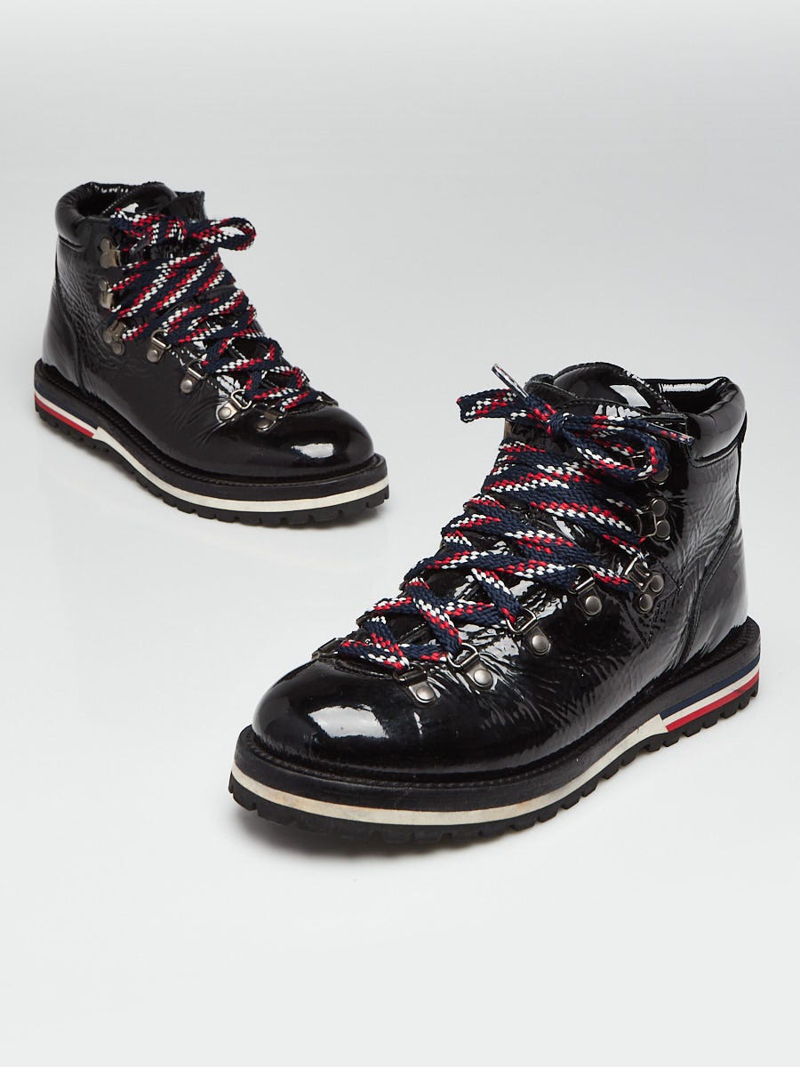 Moncler Black Crinkled Patent Leather Lace Up Blanche Hiking Boots