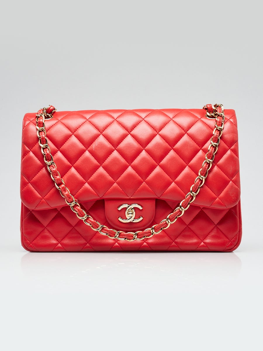 Chanel Red Quilted Lambskin Leather Classic Jumbo Double Flap Bag Yoogi s Closet