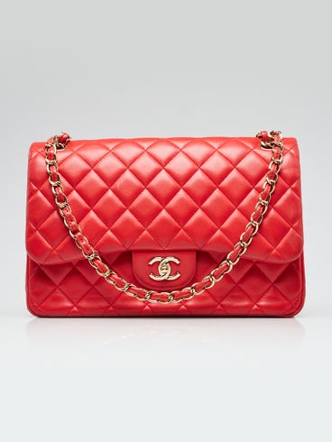 Chanel Red Quilted Lambskin Leather Classic Jumbo Double Flap Bag