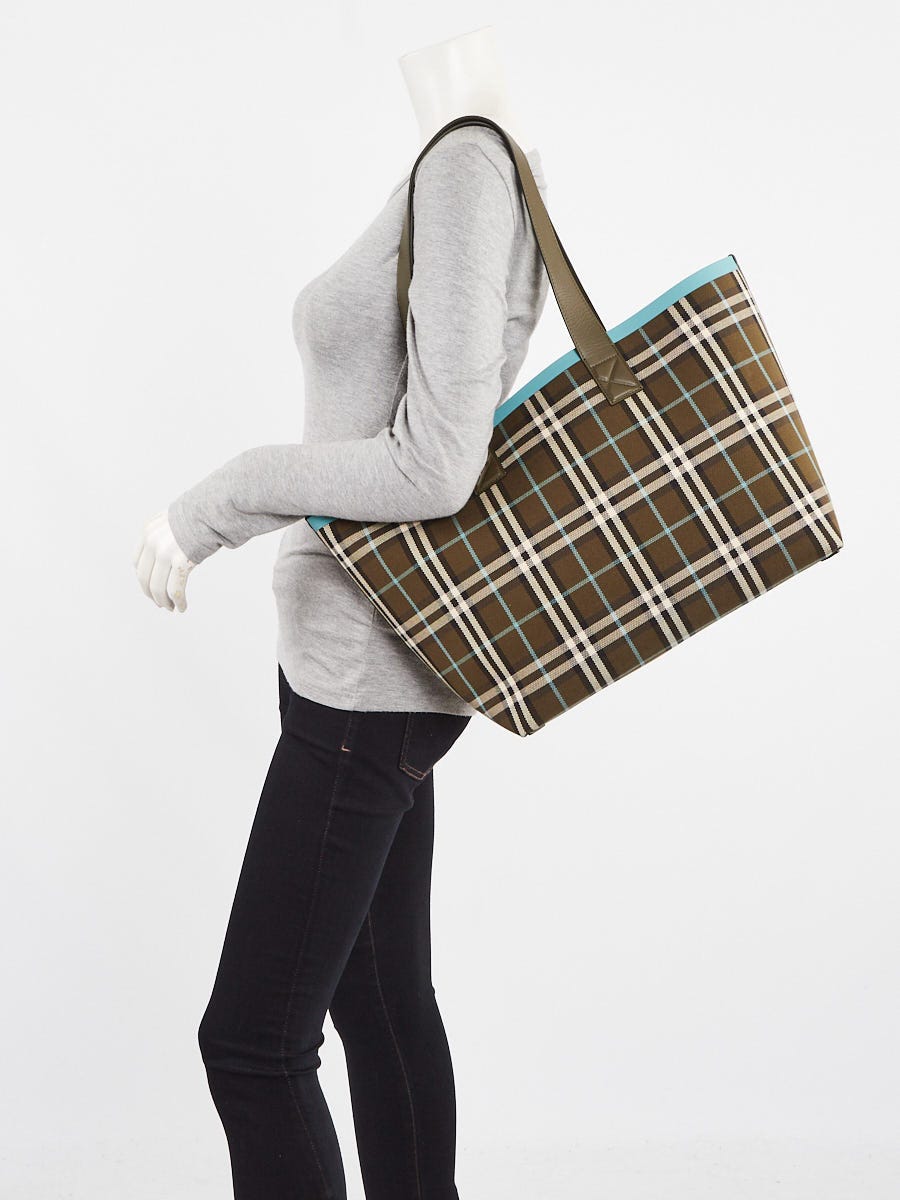 Burbery Olive Green Check Cotton Canvas Medium London Tote