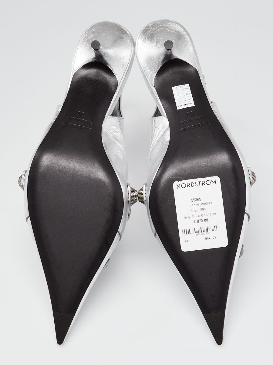 Balenciaga Metallic Silver Leather Cagole Slingback Pumps