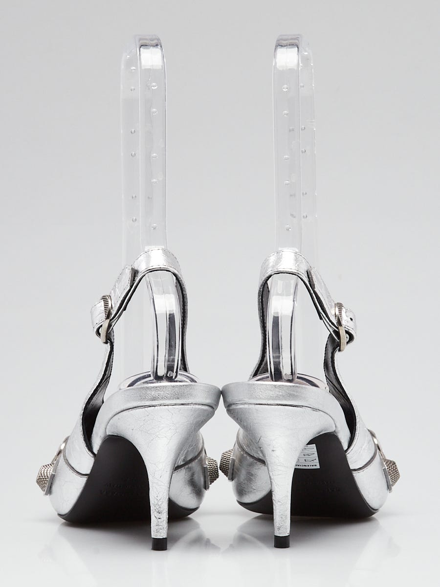Balenciaga Metallic Silver Leather Cagole Slingback Pumps