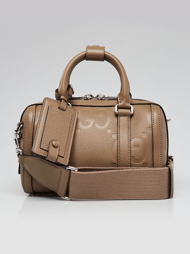 Gucci Dark Beige Calfskin Leather Jumbo Embossed GG Mini Duffle Bag