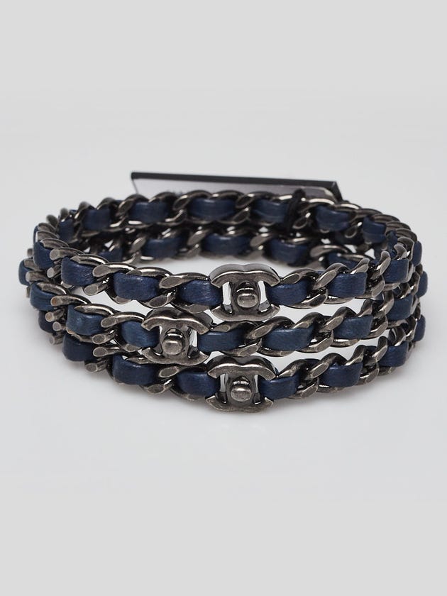 Chanel Blue Leather Ruthenium Chain Bangle Bracelets