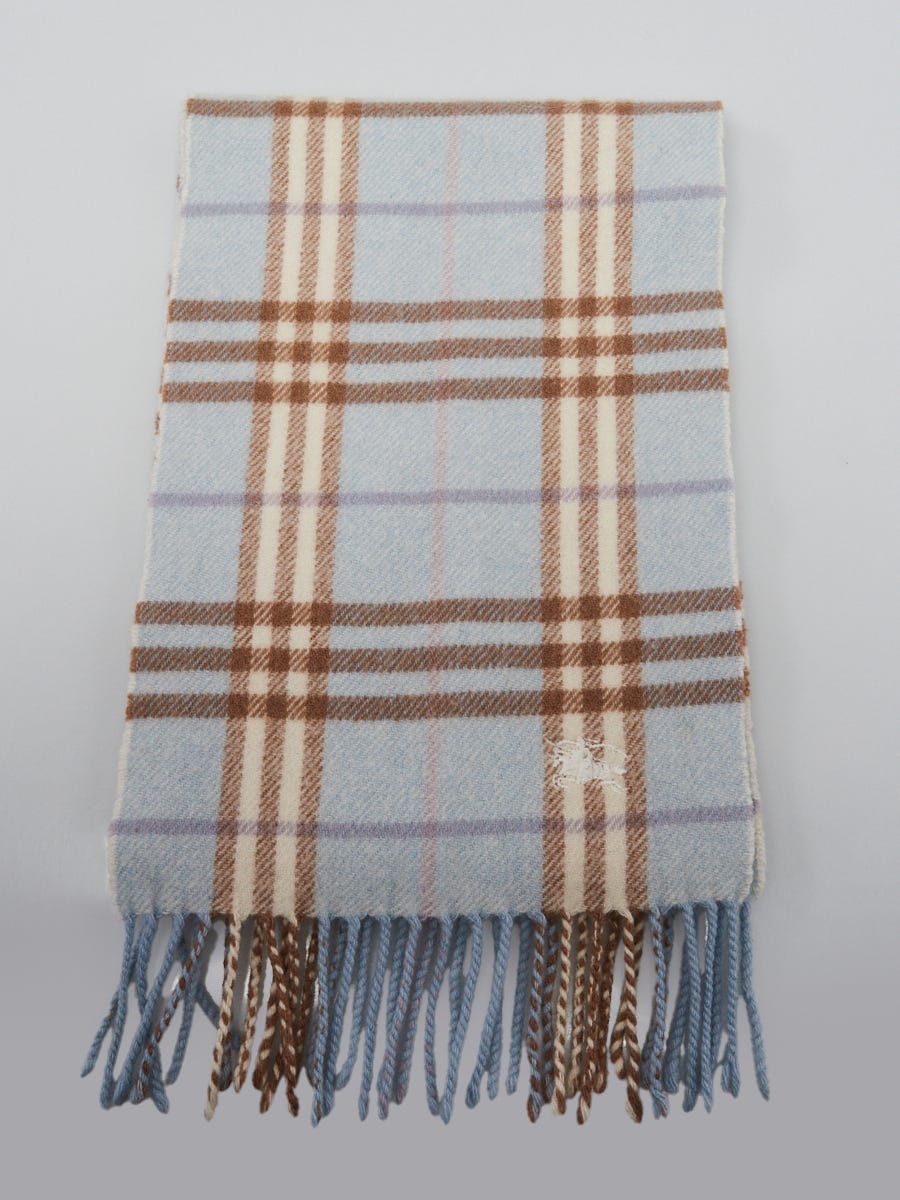 Burberry Blue Wool/Cashmere Check Fringe Scarf | Yoogi's Closet