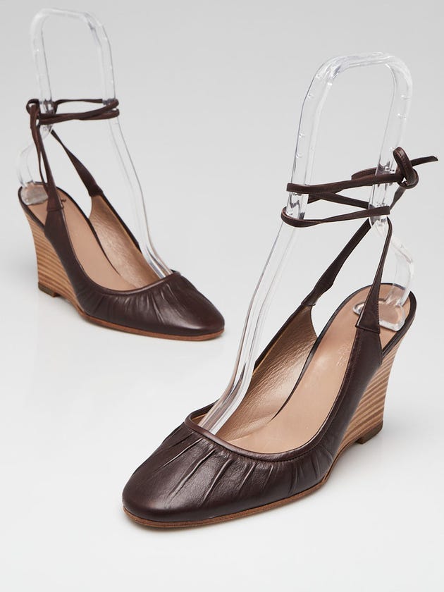 Hermes Brown Leather Ankle Tie Wedge Sandals Size 6.5/37
