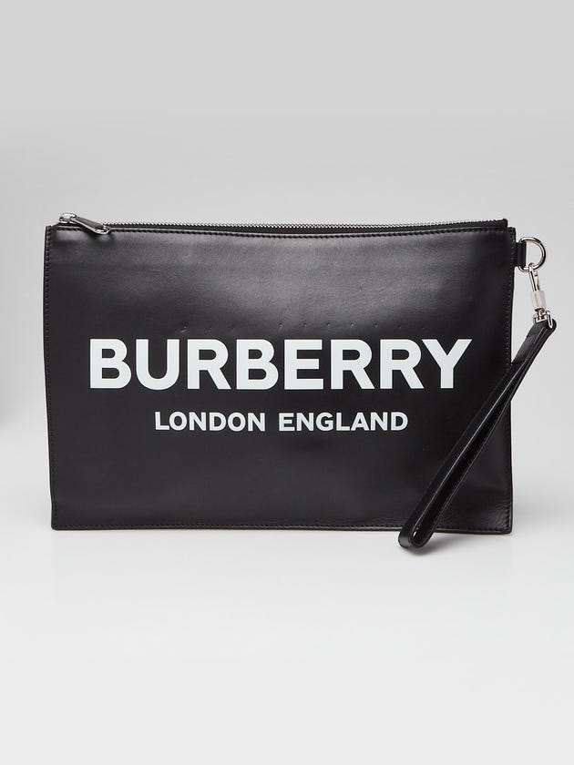 Burberry Black Leather Logo Wristlet Zip Pouch Bag