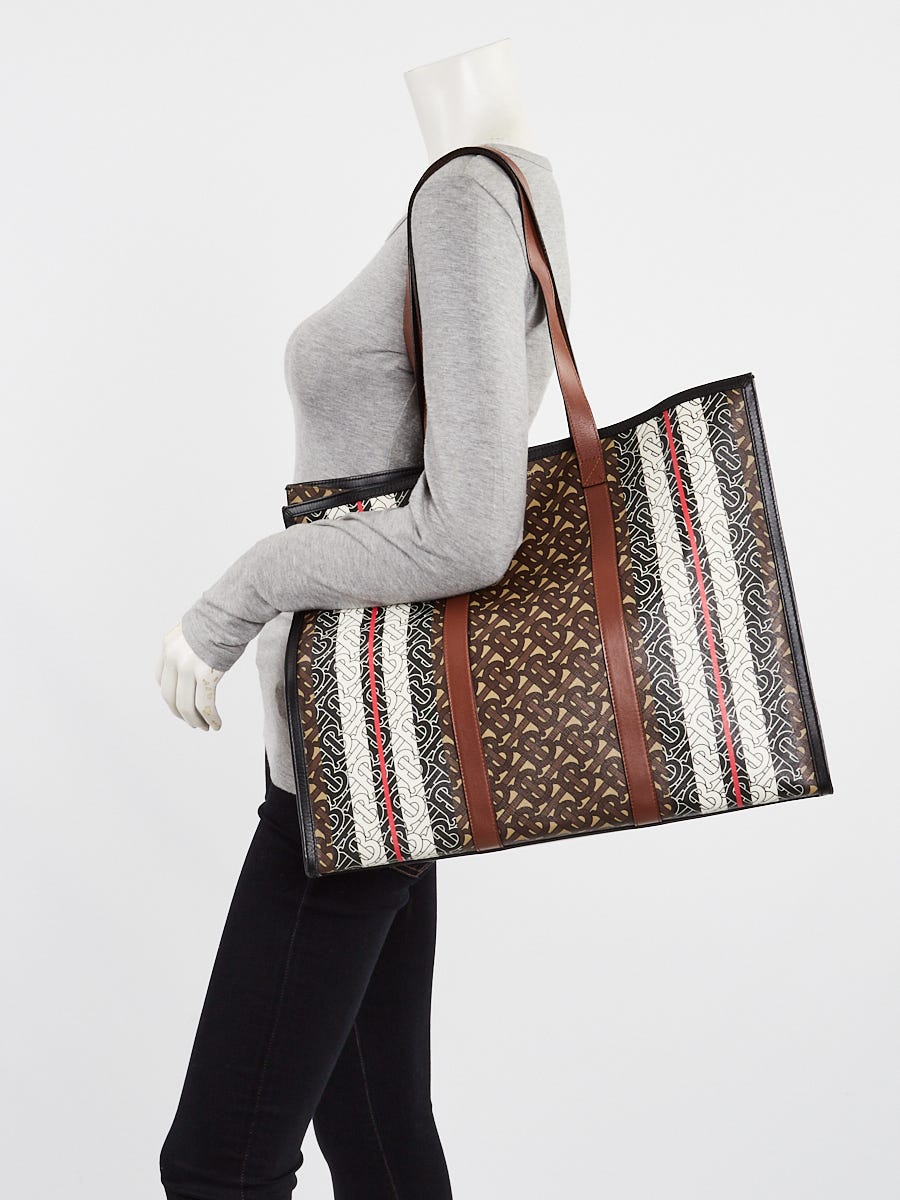 Burberry Bridle Brown Monogram E-Canvas Stripe Book Tote | Yoogi's Closet