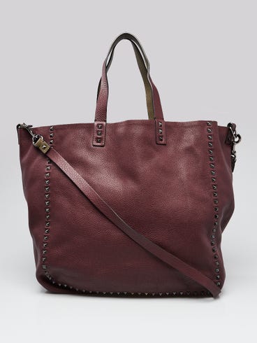 Valentino Burgundy/Green Pebbled Leather Rockstud Convertible Reversible Tote Bag