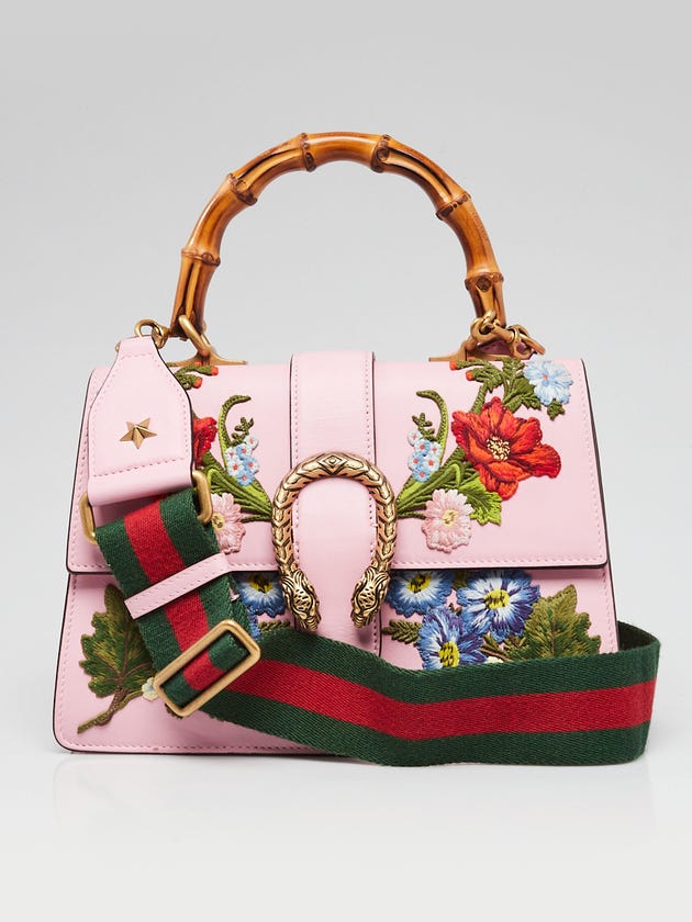 Gucci Pink Leather Floral Embroidered Dionysus Medium Top Handle Bag